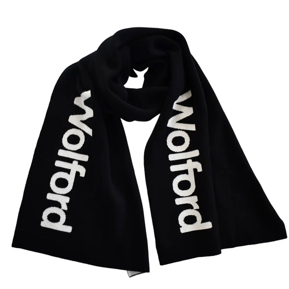 $370 NEW Auth WOLFORD Black Ecrue WOLFORD LOGO VIRGIN WOOL KNIT Long Scarf - Picture 1 of 2